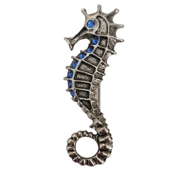 1928 Jewelry Silver Tone Blue Rhinestone Seahorse Brooch Pin, Signed